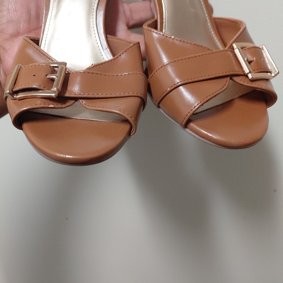 Fioni Camel Colored Brown Faux Leather Buckle Open Toe Heeled Mules 6 - Picture 12 of 13